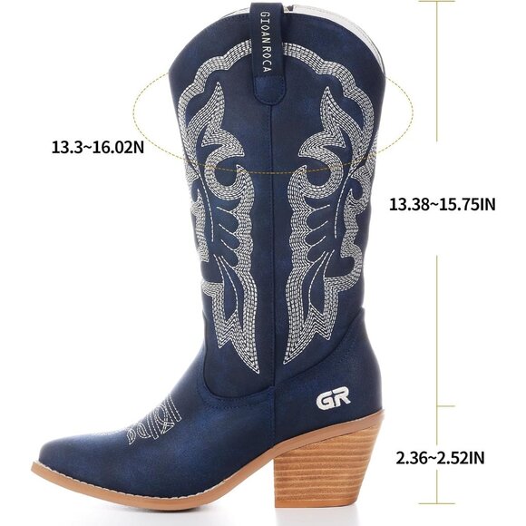 ⚡Women's Blue Embroidered Fashion Western Pointed Toe Chunky Heel Pull On - Picture 3 of 5